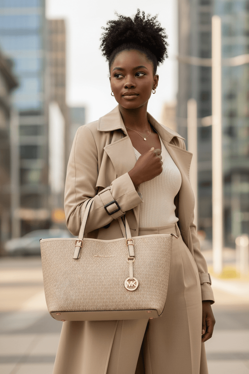 Michael Kors Signature Voyager Medium Crossgrain Leather Tote Bag - Vanilla